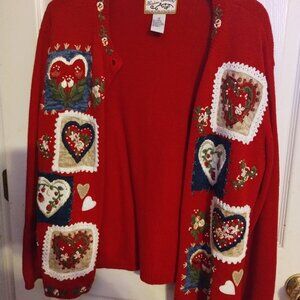 Heirloom Collectibles Red Button up Embroidered Embellished Sweater